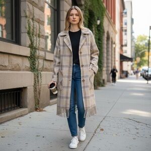 7 For All Mankind Beige Plaid Fringe Hem Longline Lightweight Coat